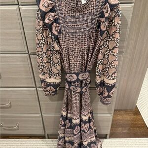 Sea New York dark blue, dusty pink Smocked maxi dress with Sleeves - NO BELT.